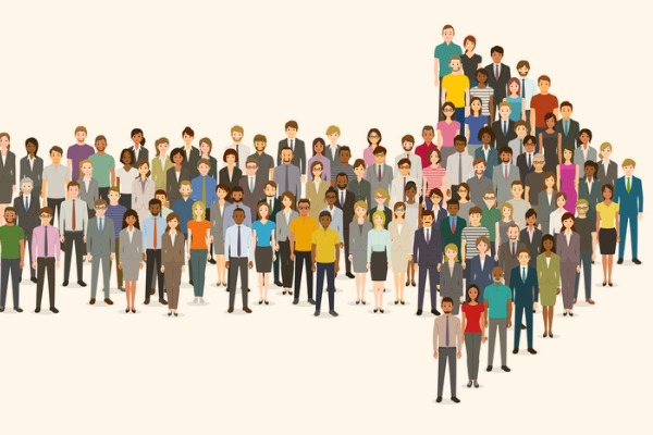 crowd-of-people-gathered-in-an-arrow-shape-vector-id1158733364